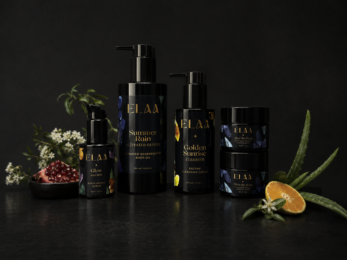 Elaa skincare ritual for acne-prone skin with botanical cleansing, hydration, targeted treatment, activated oxygen balm, and controlled exfoliation