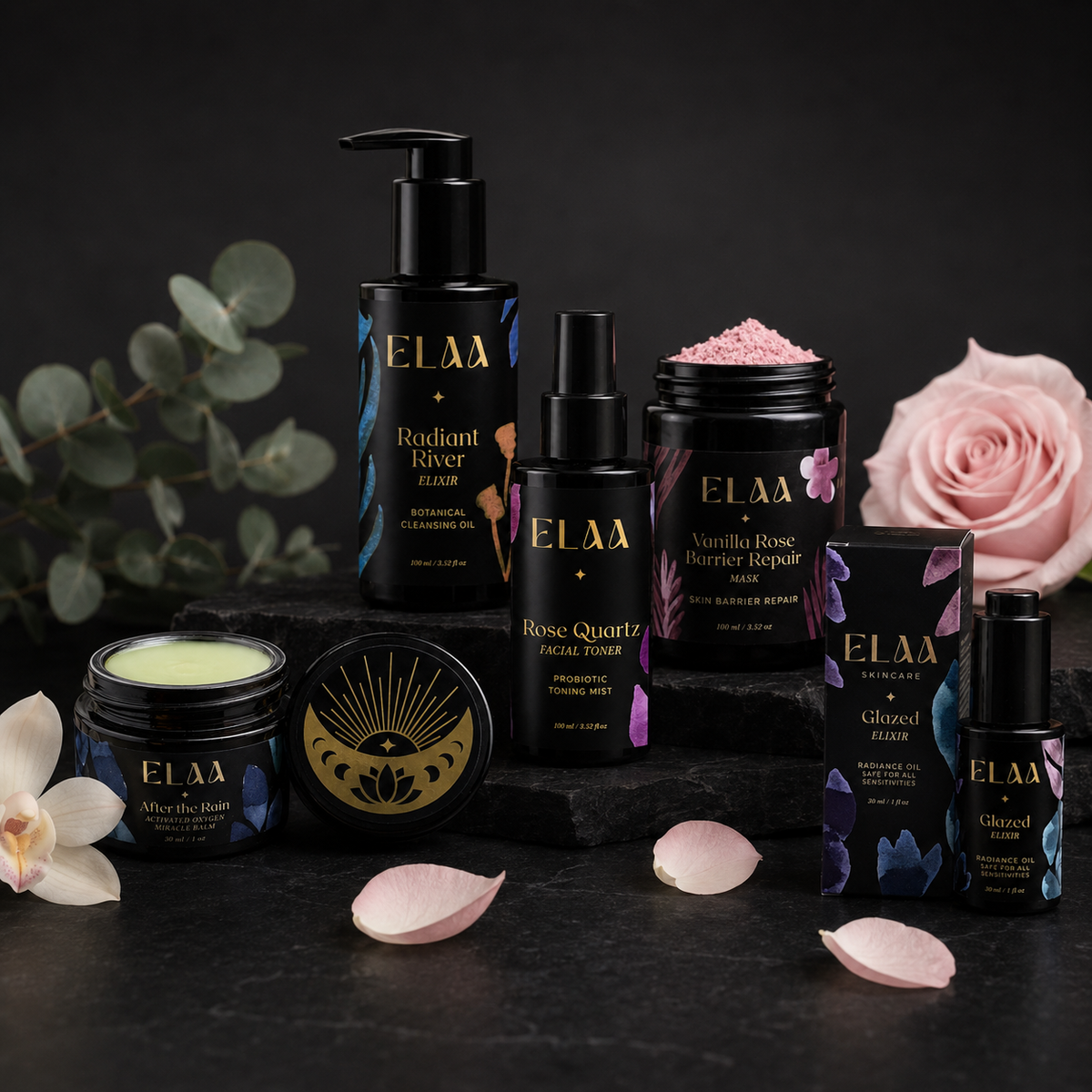 Elaa Skin Barrier Repair ritual with botanical cleansing oil, toning mist, activated oxygen balm, facial mask, and radiance oil