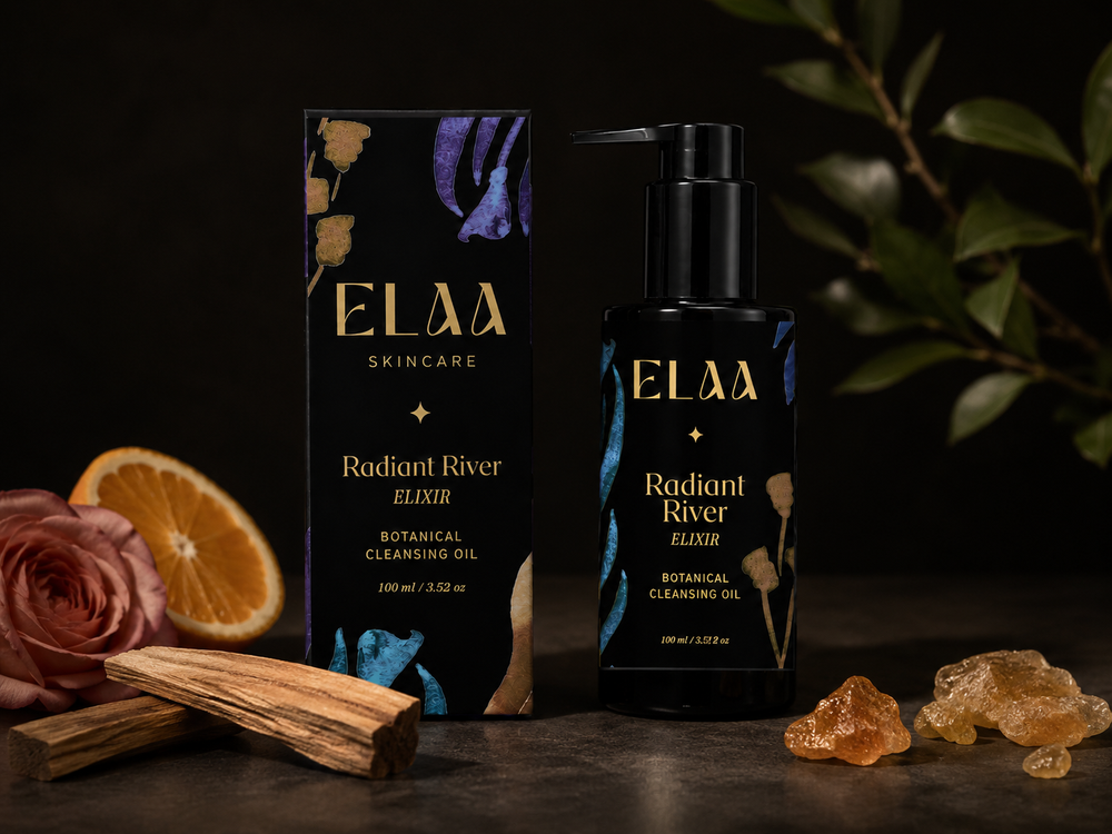 Elaa Radiant River Botanical Cleansing Oil arranged for a gentle oil-cleansing ritual