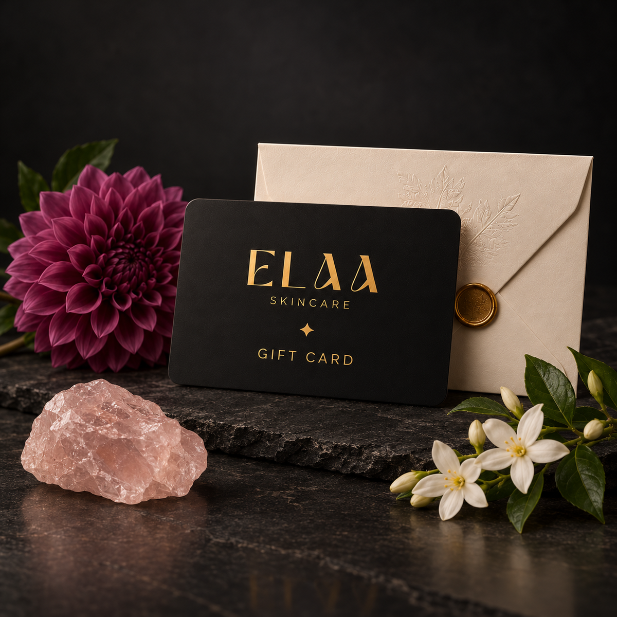 ELAA Elaa Gift Cards collection arranged on dark slate with softly lit packaging