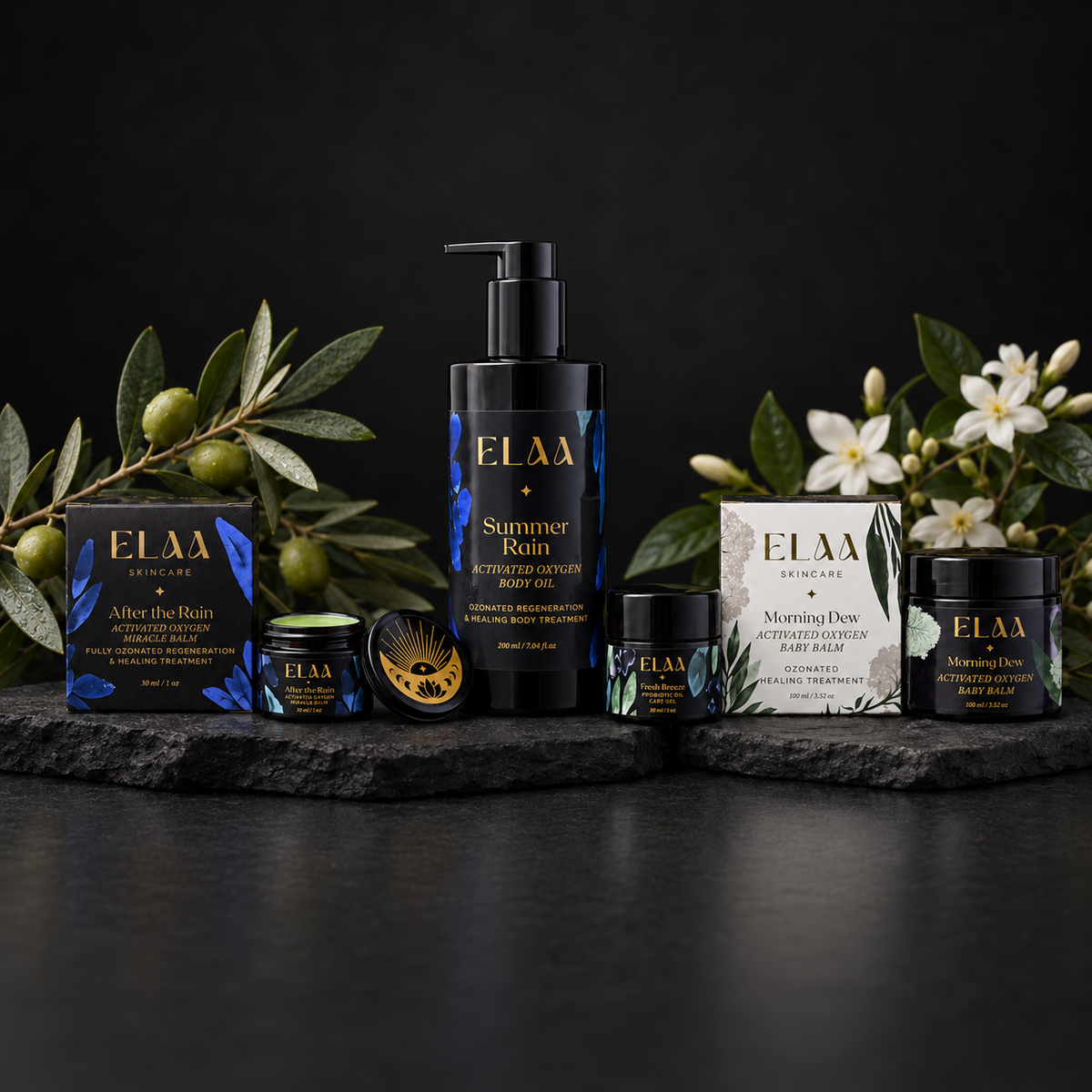 ELAA Activated Oxygen (Ozonated) collection arranged on dark slate with softly lit packaging