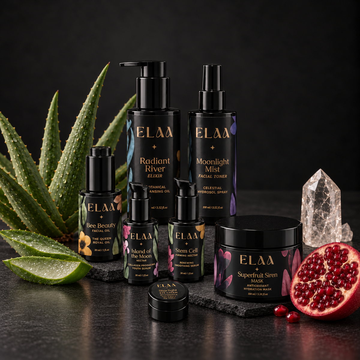 ELAA Timeless 40+ collection arranged on dark slate with softly lit packaging