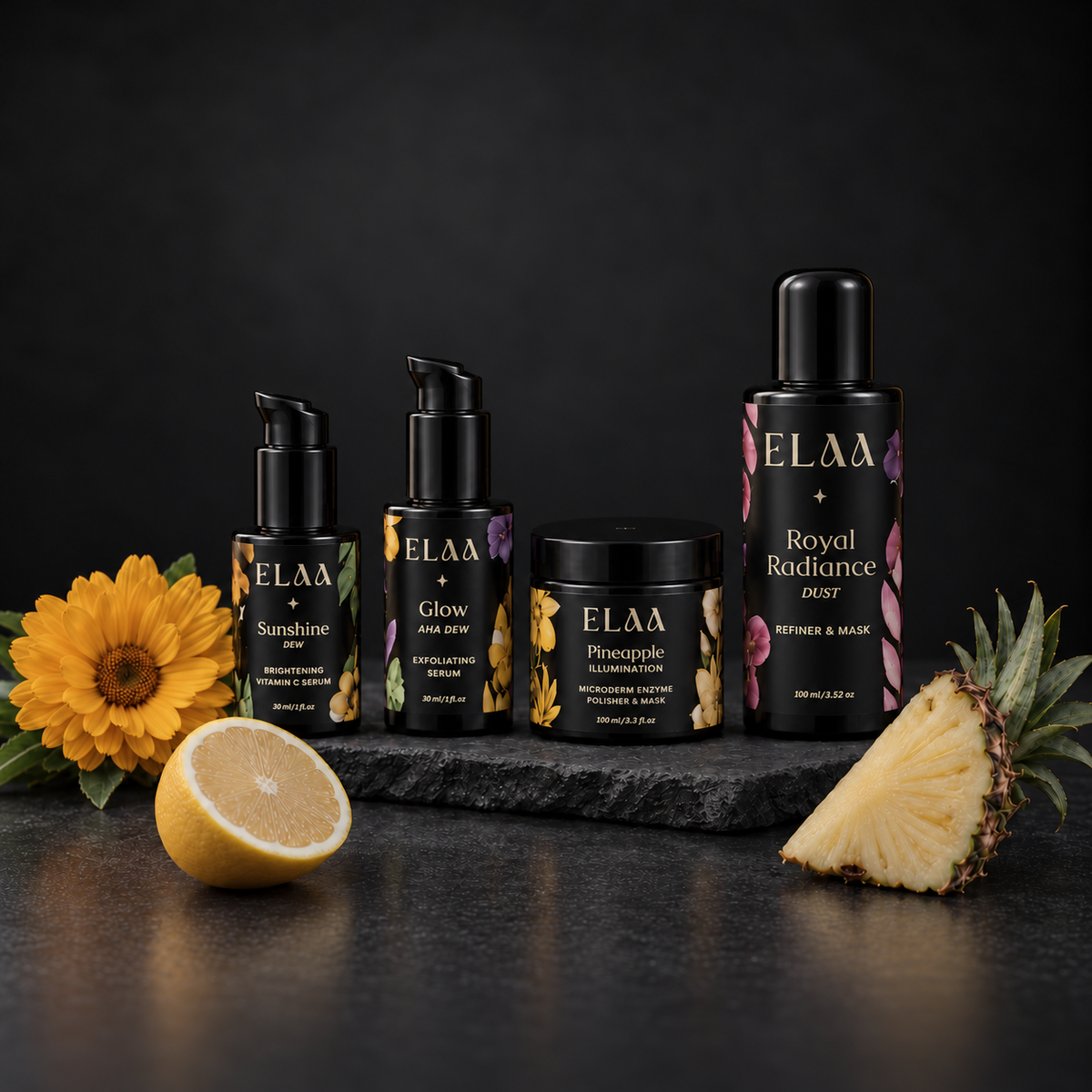 ELAA Even-Toned Skin collection arranged on dark slate with softly lit packaging
