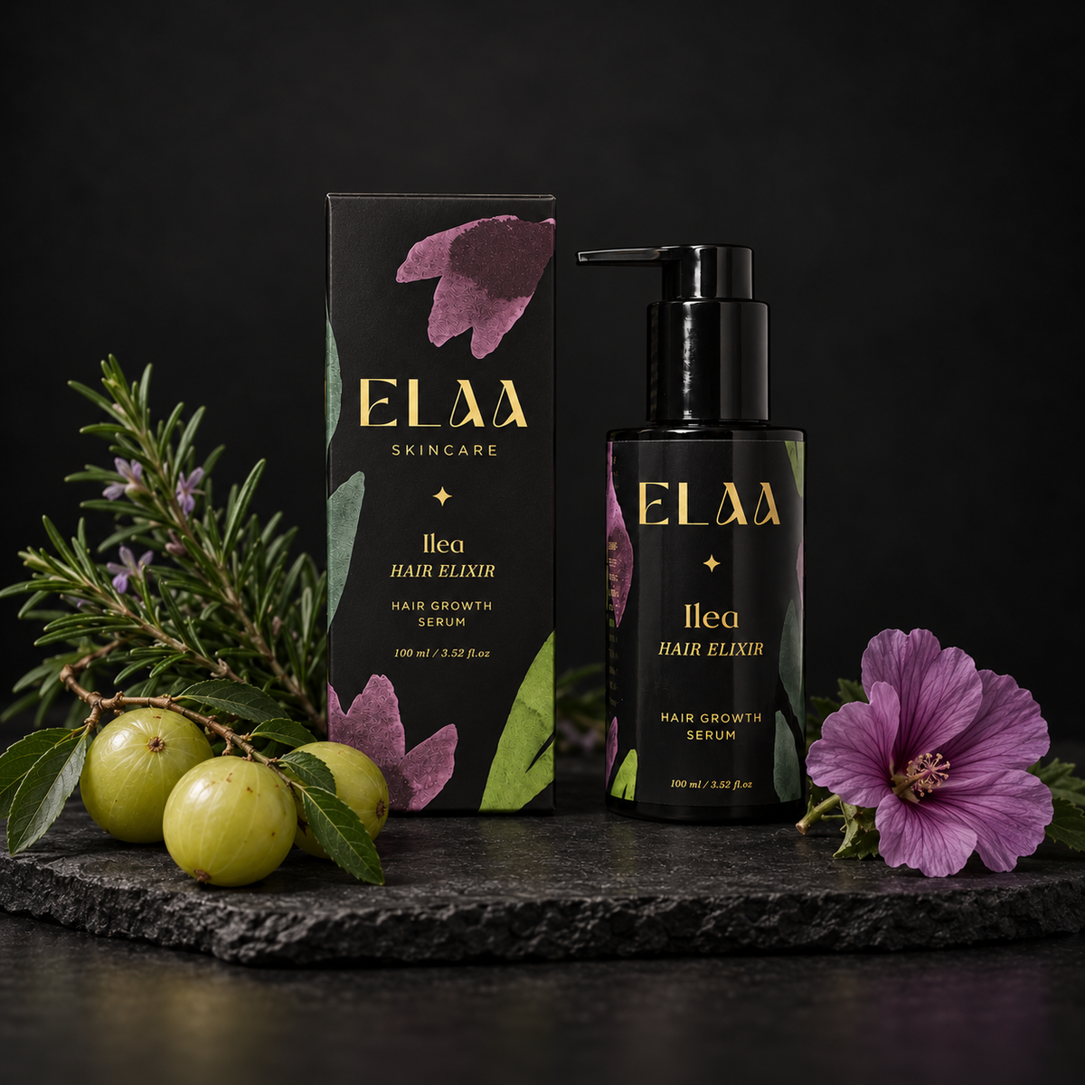 ELAA Hair collection arranged on dark slate with softly lit packaging