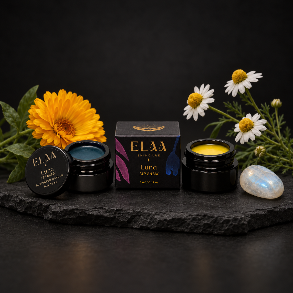 ELAA Lips collection arranged on dark slate with softly lit packaging