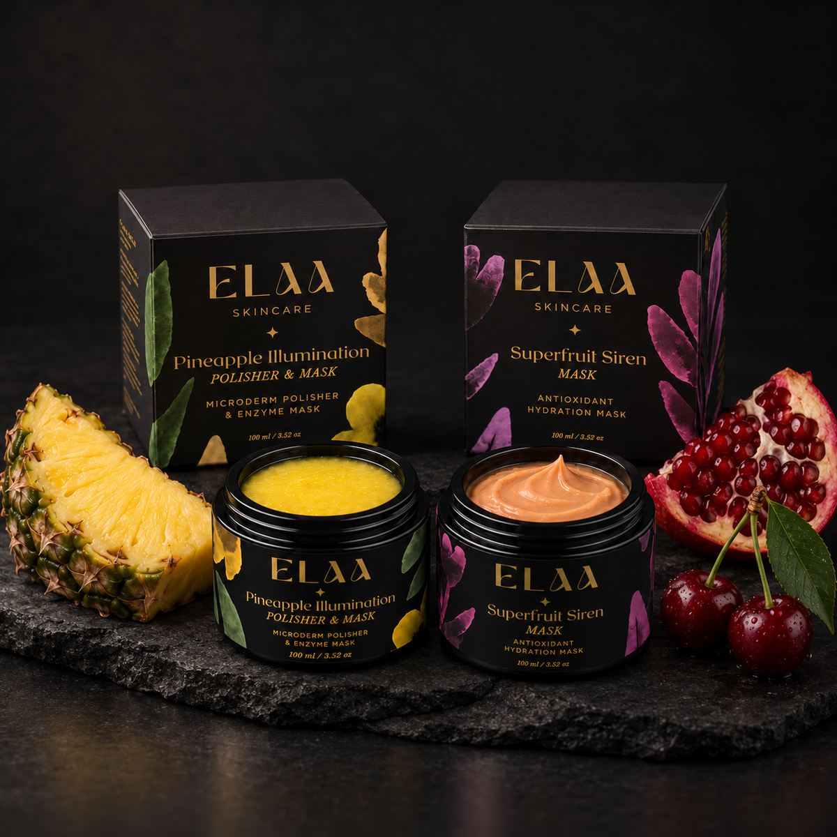 ELAA Masks collection arranged on dark slate with softly lit packaging
