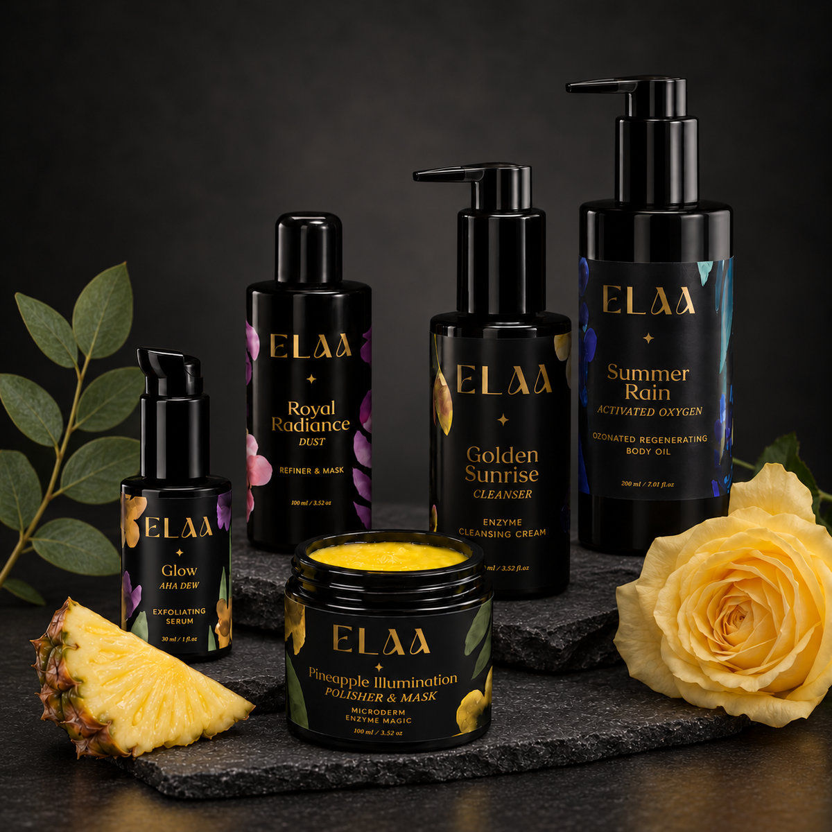 ELAA Smooth & Refined Skin collection arranged on dark slate with softly lit packaging