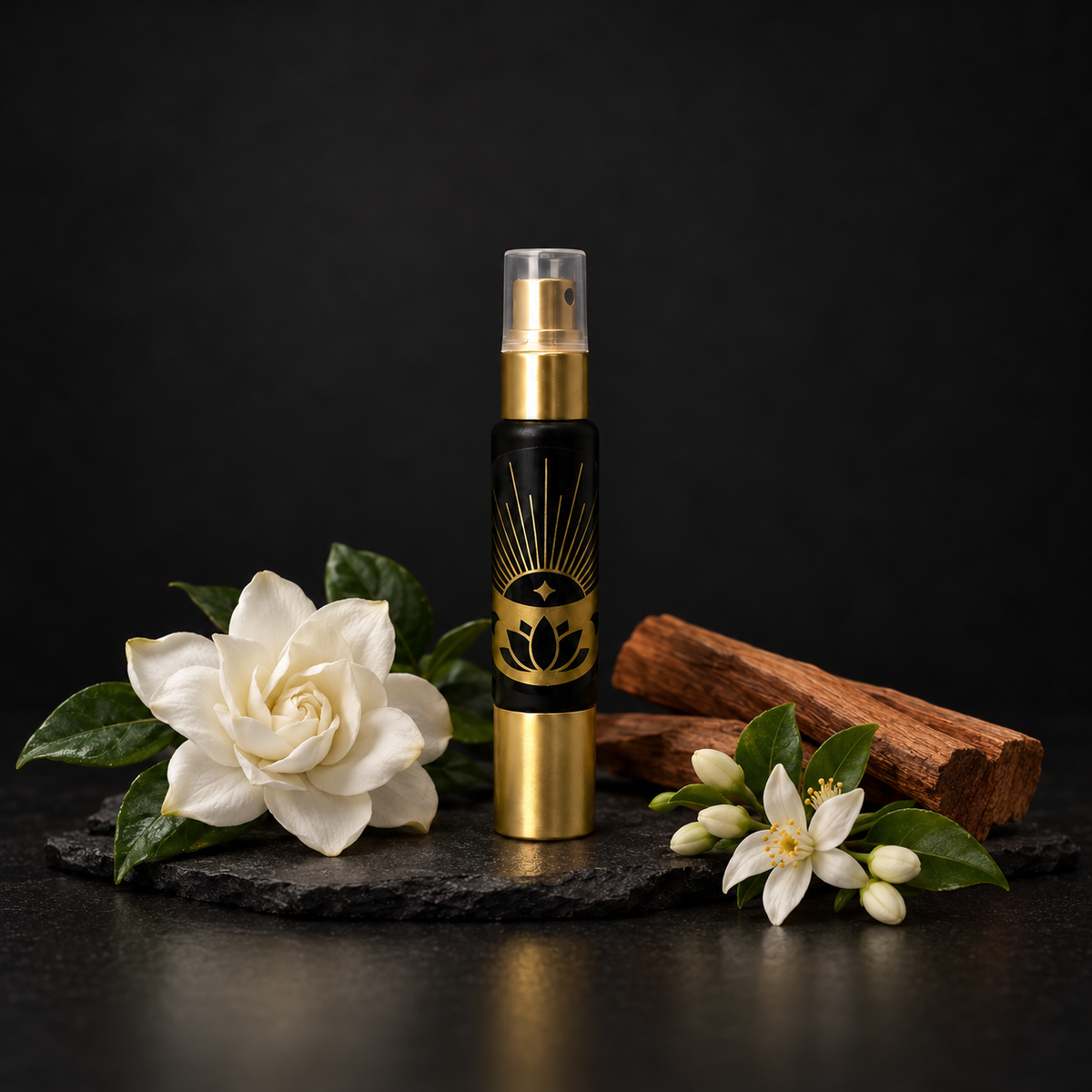 ELAA Perfume collection arranged on dark slate with softly lit packaging