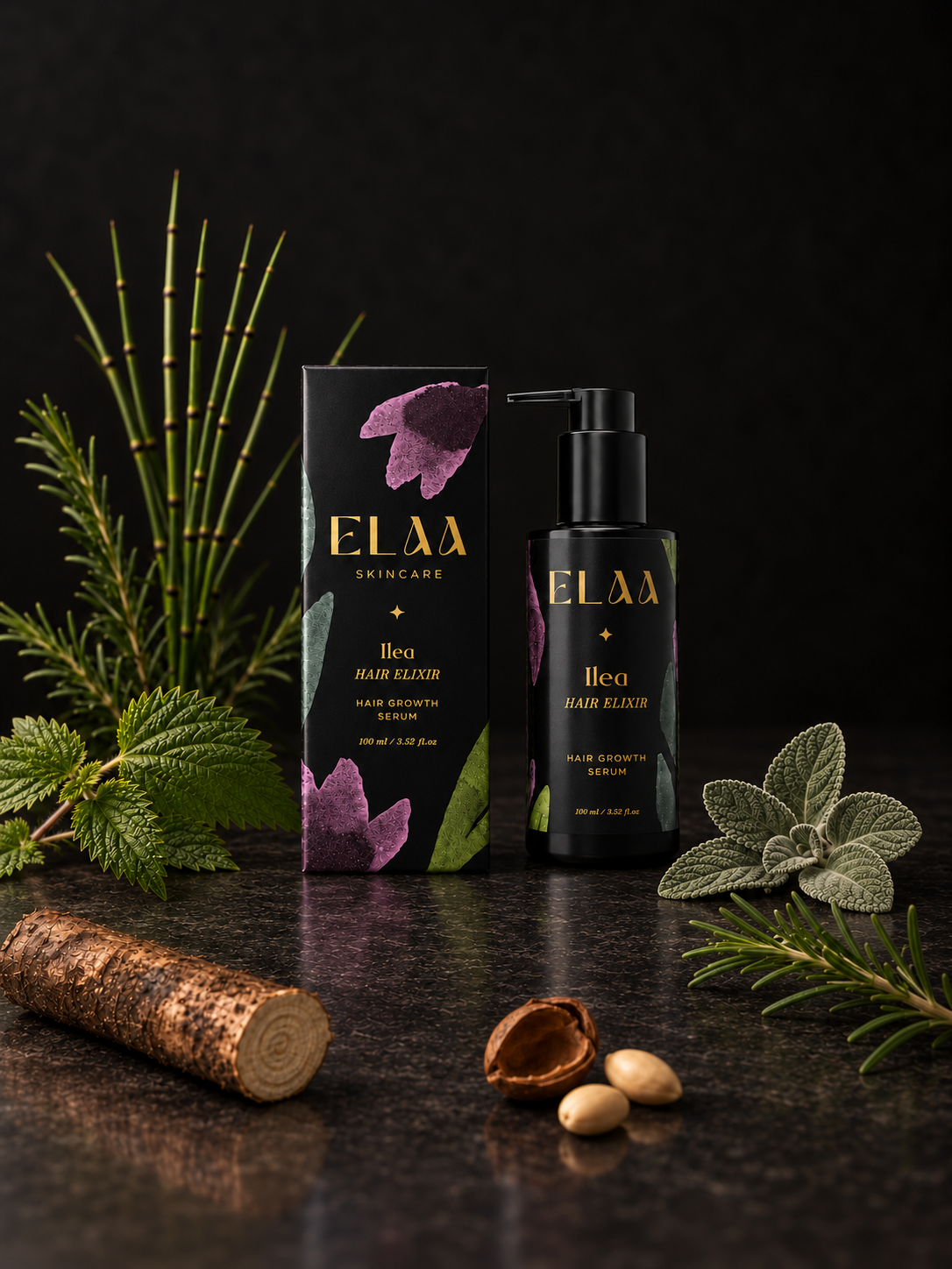 ELAA Ilea Elixir with botanicals on a flat dark surface