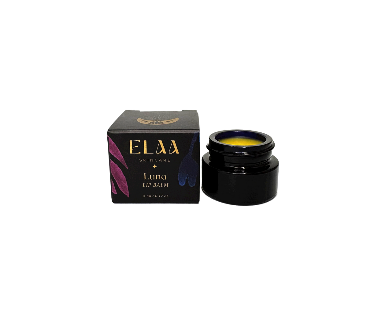 ELAA Luna Lip Balm — open jar with its carton