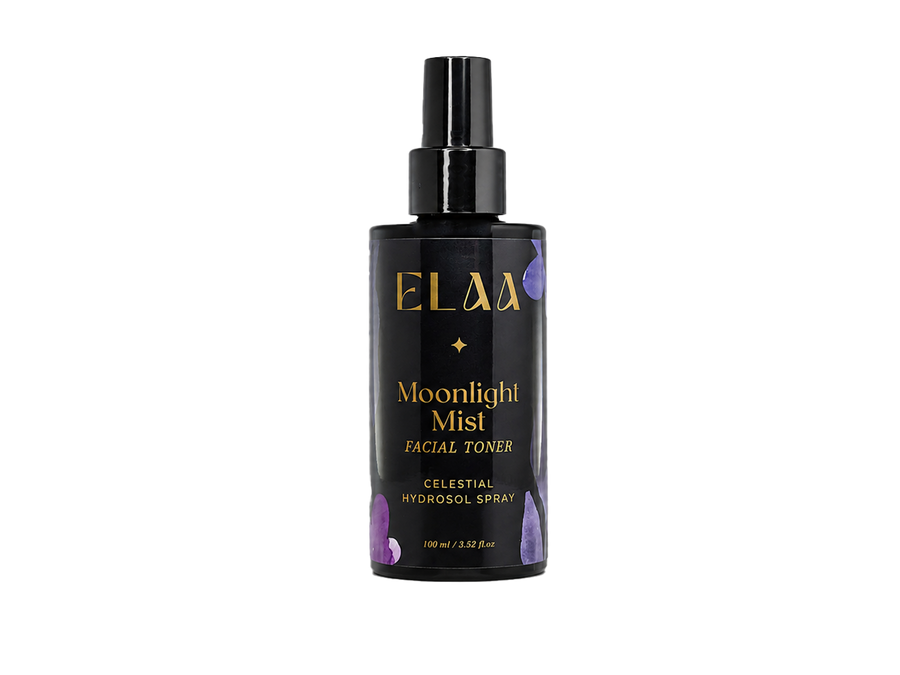 ELAA Moonlight Mist facial toner in a black spray bottle.