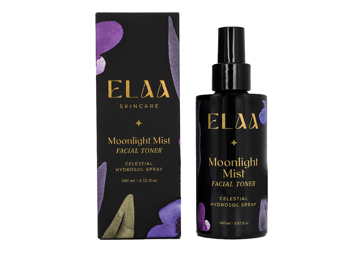 ELAA Moonlight Mist facial toner spray bottle beside its carton.