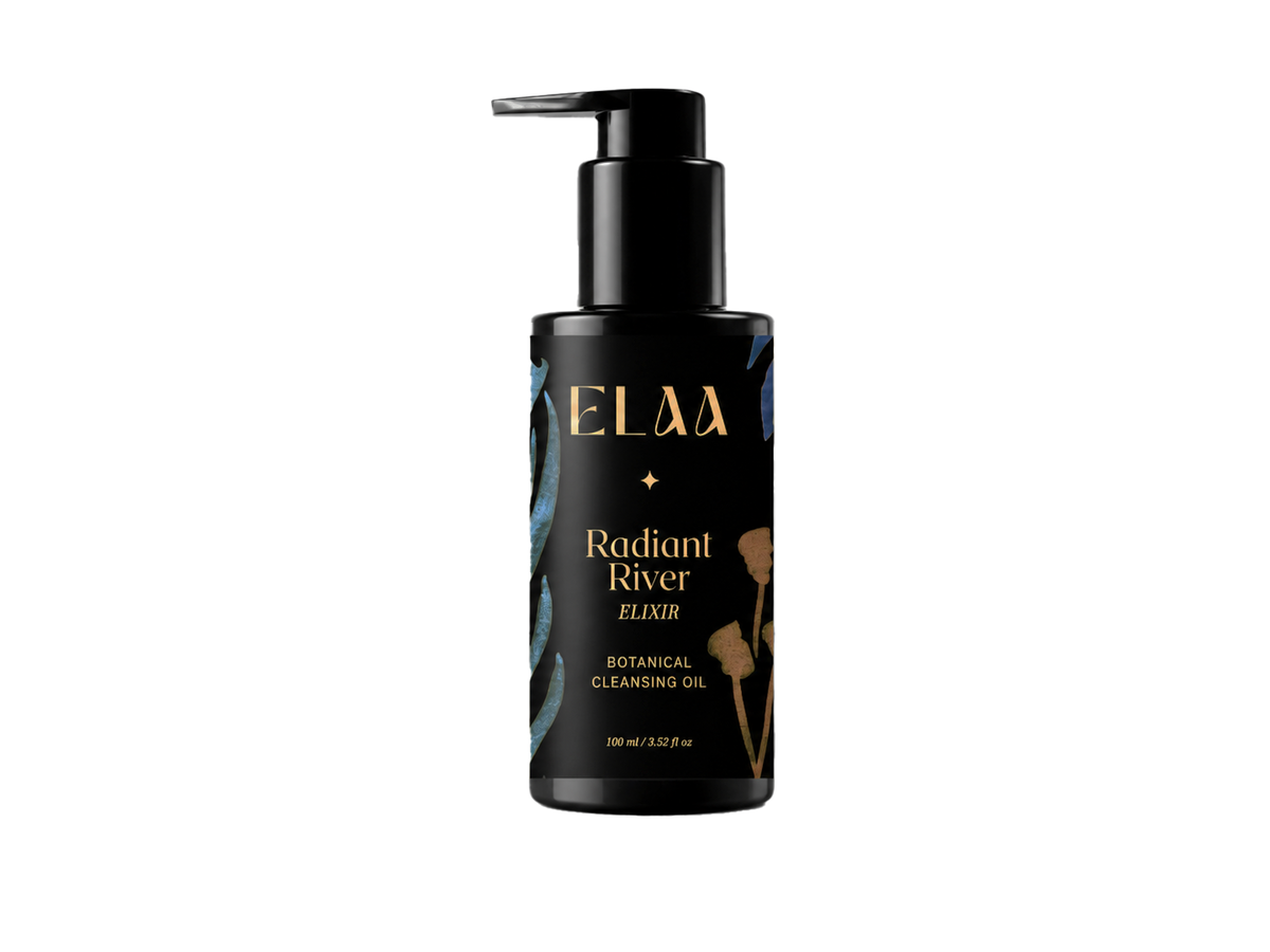 ELAA Radiant River cleansing oil in a black pump bottle.
