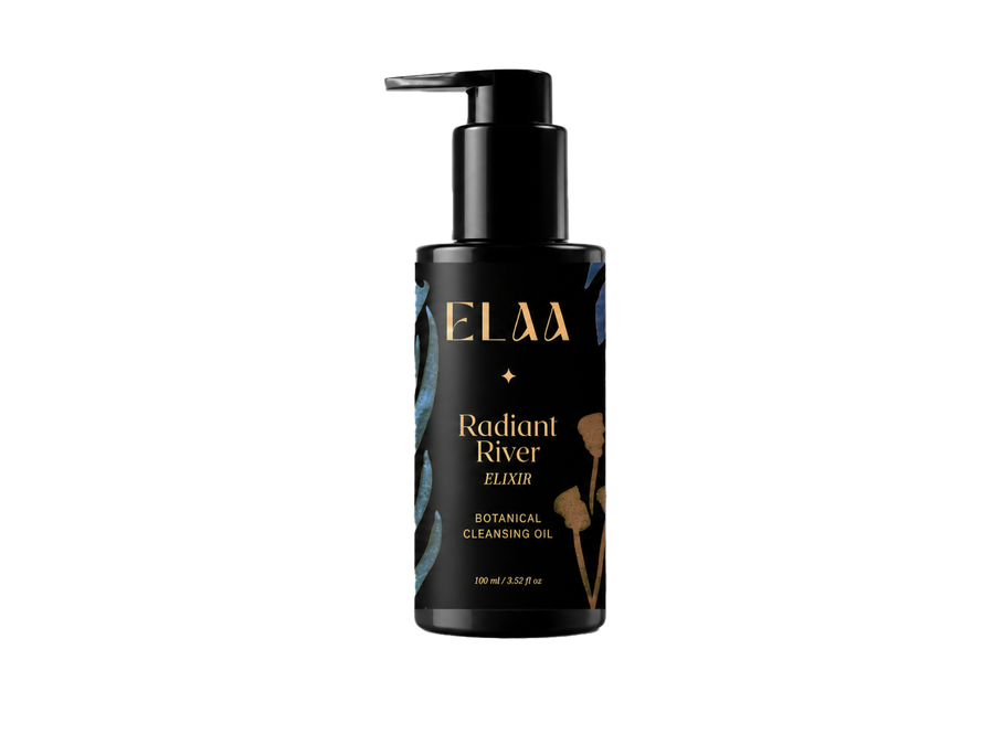 ELAA Radiant River cleansing oil in a black pump bottle.