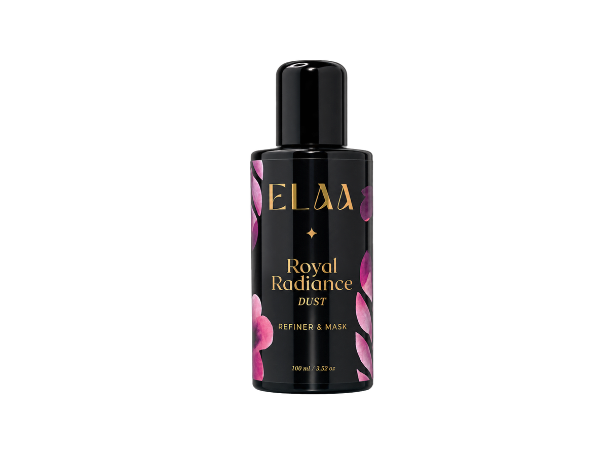 ELAA Royal Radiance Dust powder exfoliant in a black bottle.
