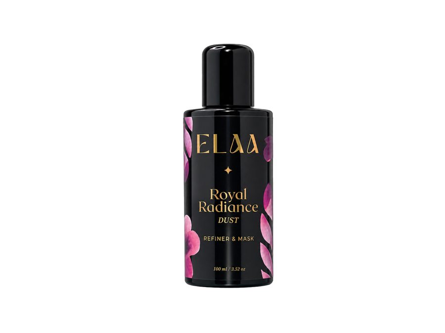 ELAA Royal Radiance Dust powder exfoliant in a black bottle.