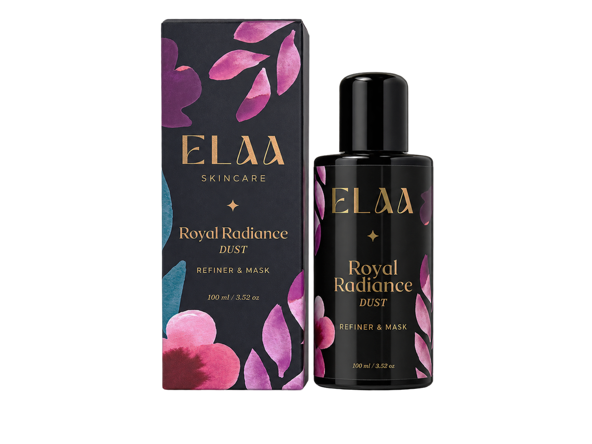 ELAA Royal Radiance Dust powder exfoliant bottle beside its carton.
