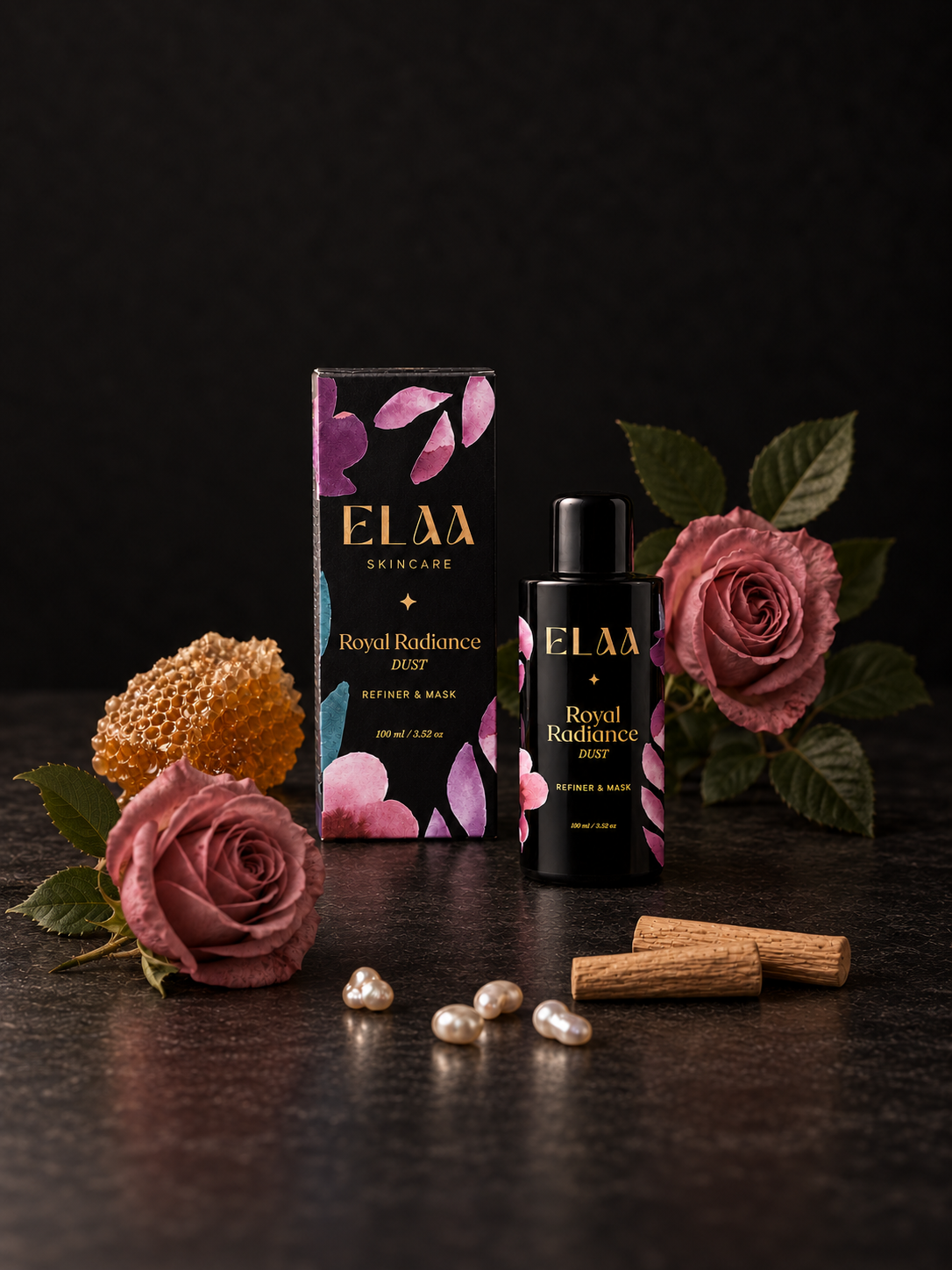 ELAA Royal Radiance Dust with botanicals on a flat dark surface