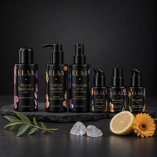 ELAA Glow Ritual product ritual arranged on dark slate with softly lit packaging