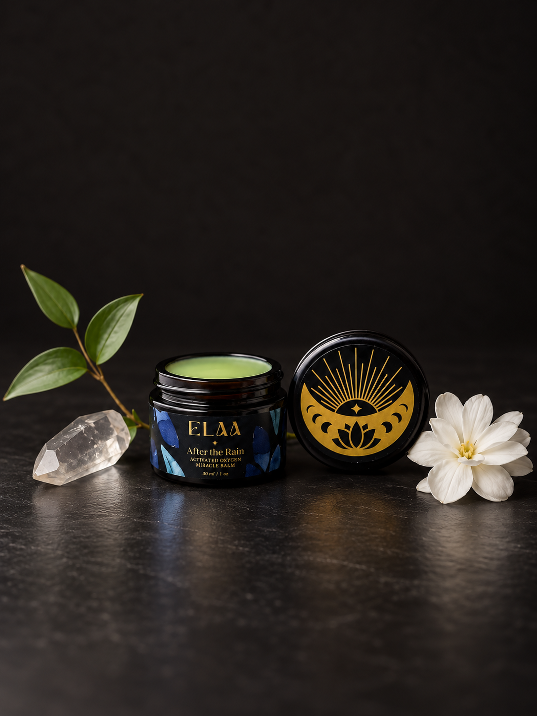 ELAA After The Rain — open jar with flowers and leaves