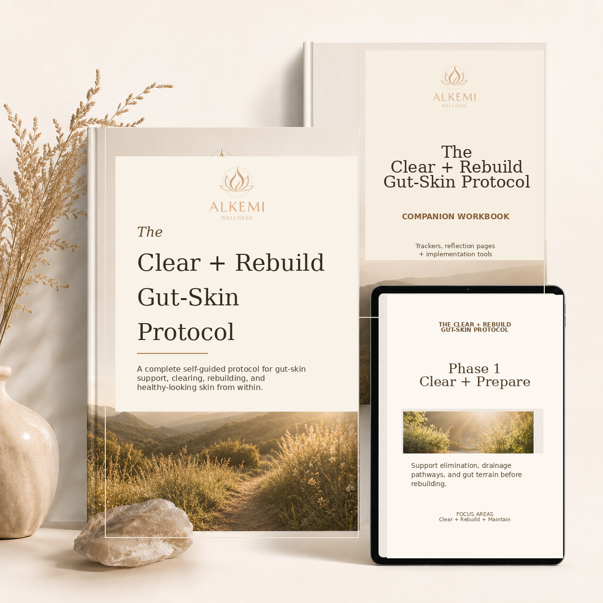 The Clear + Rebuild Gut-Skin Protocol digital guide, companion workbook, and tablet mockup