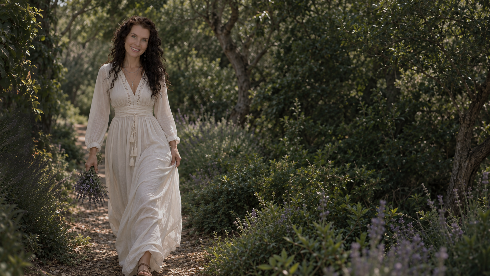 Yaelle, founder of Elaa, walking along a leafy garden path in an ivory dress.