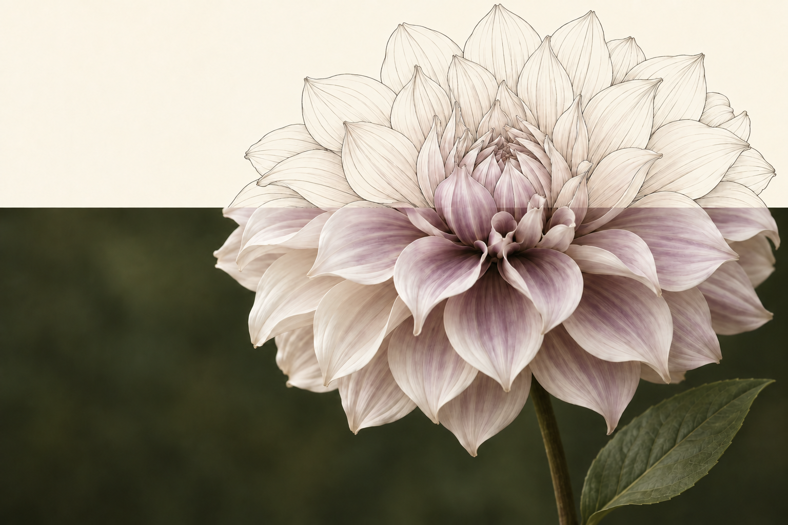 A dusty-purple dahlia transitioning from delicate line drawing above into a photograph below