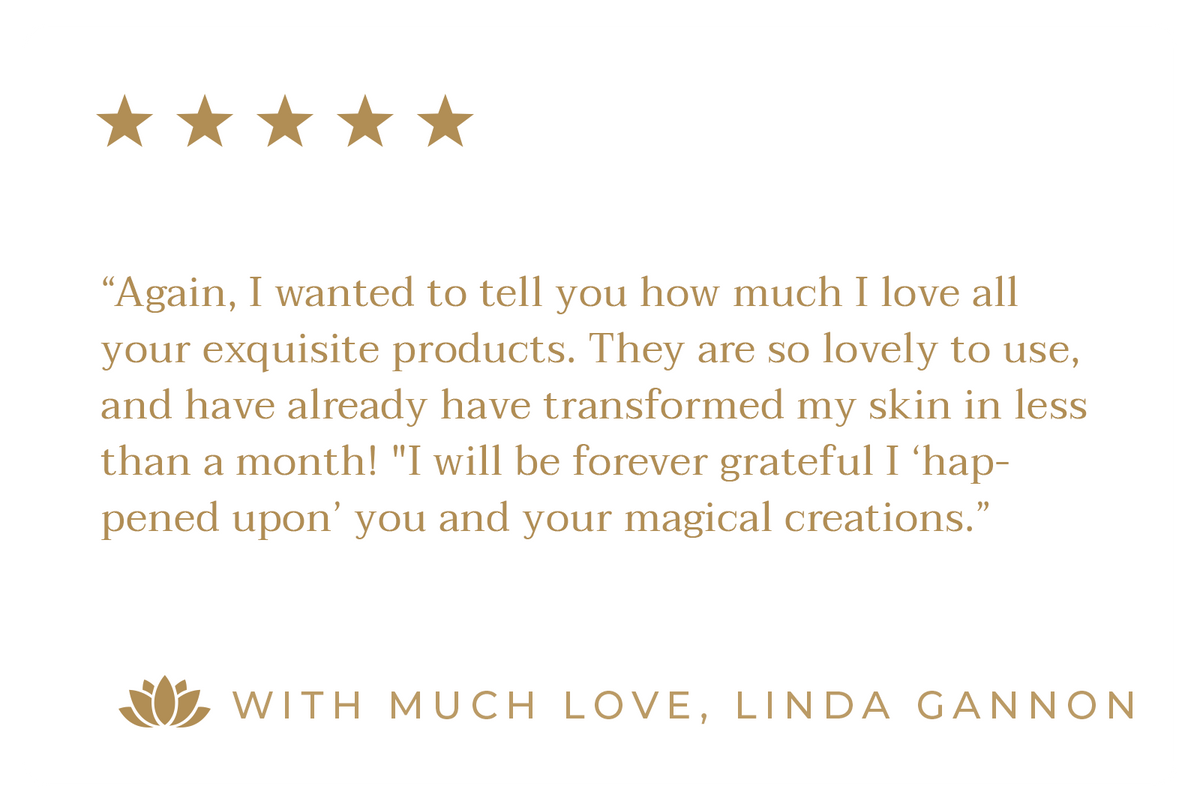 Customer review with five gold stars from Linda Gannon about her skin transformation