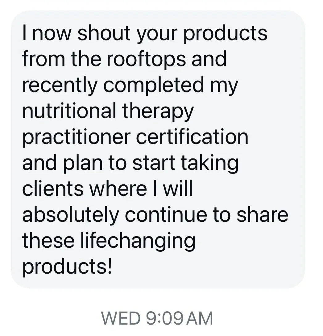 Screenshot of a text message about sharing product experiences