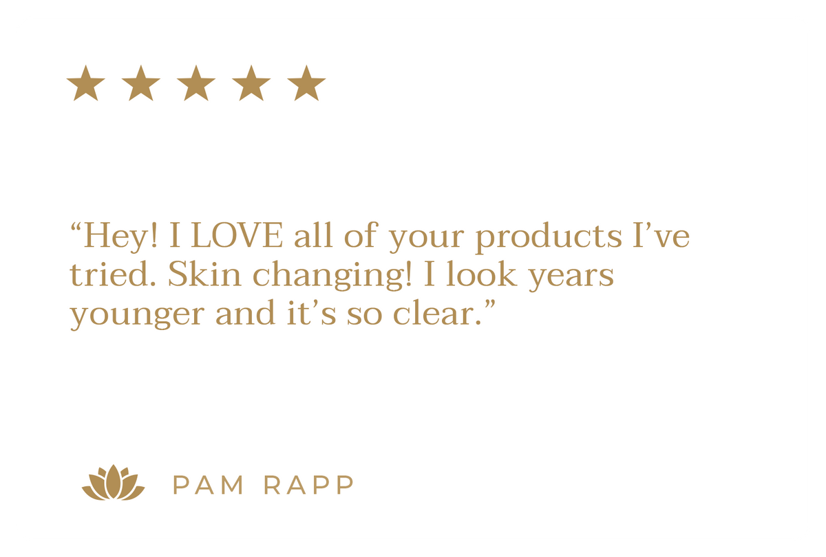 Customer review with five gold stars praising Elaa skincare products