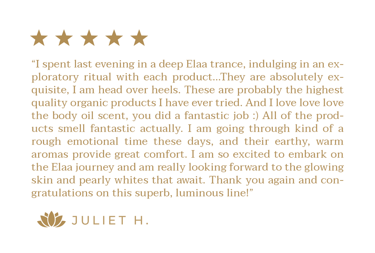 Five-star review with a detailed testimonial praising organic skincare