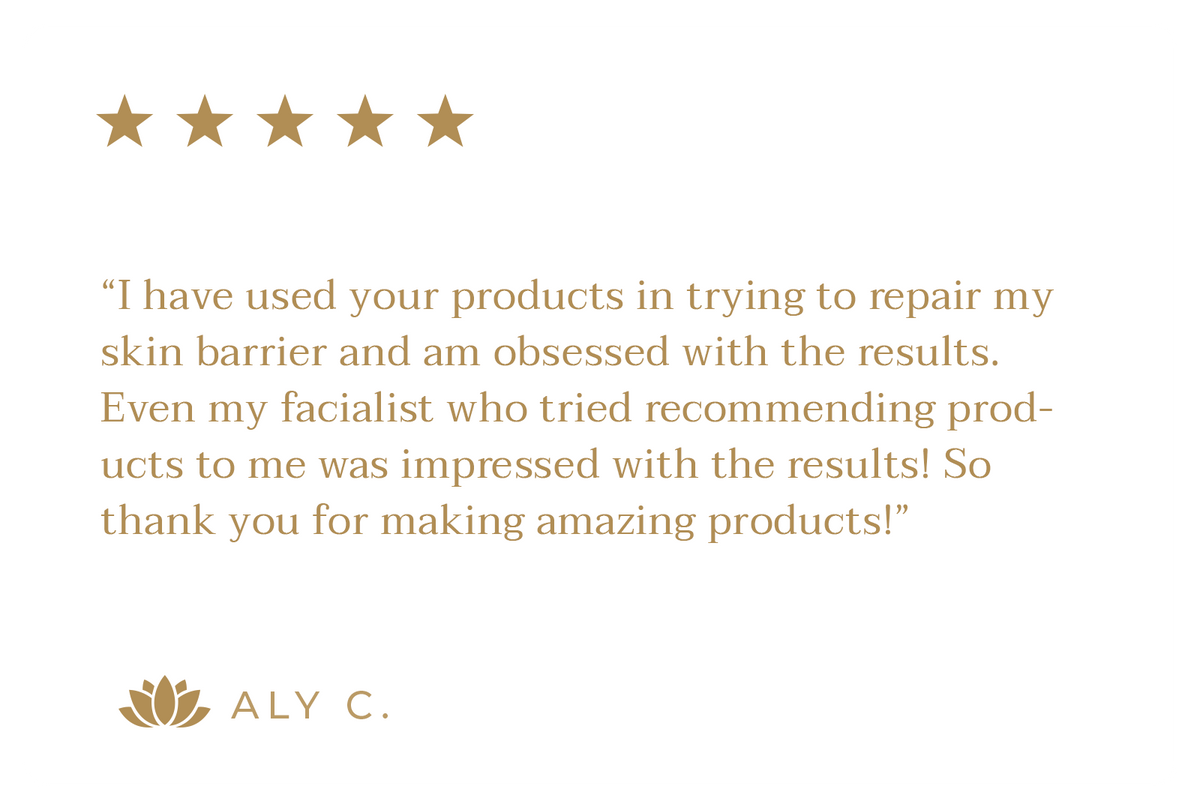 Customer review with five gold stars and a gold lotus flower logo praising Elaa skin products