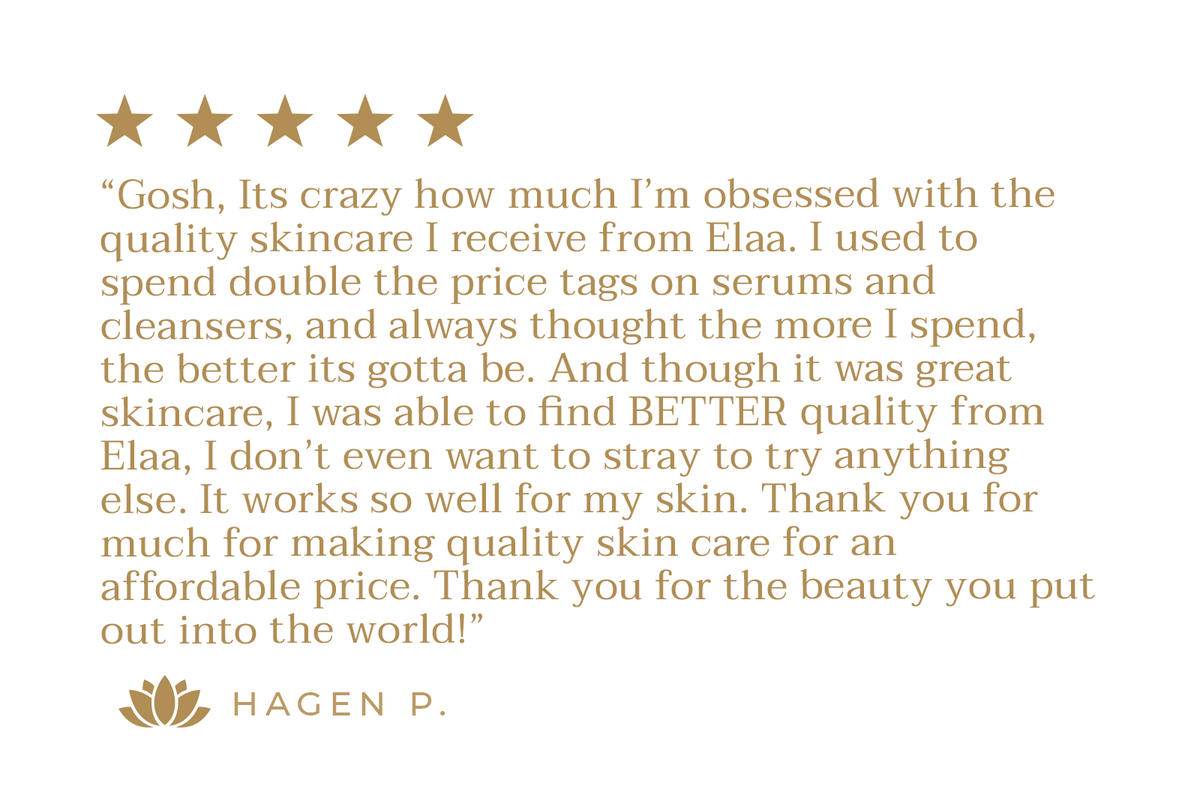 Customer review with five gold stars praising Elaa skincare