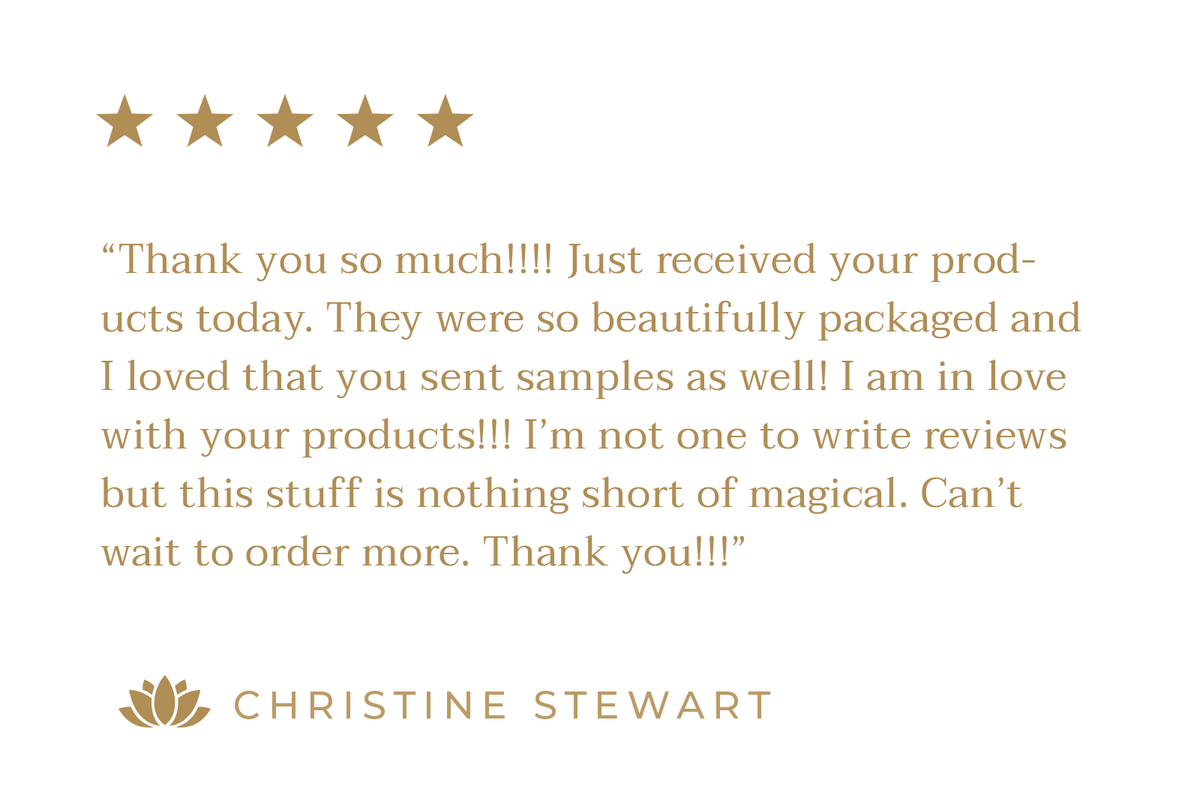 Customer review praising product packaging and samples, signed by Christine Stewart