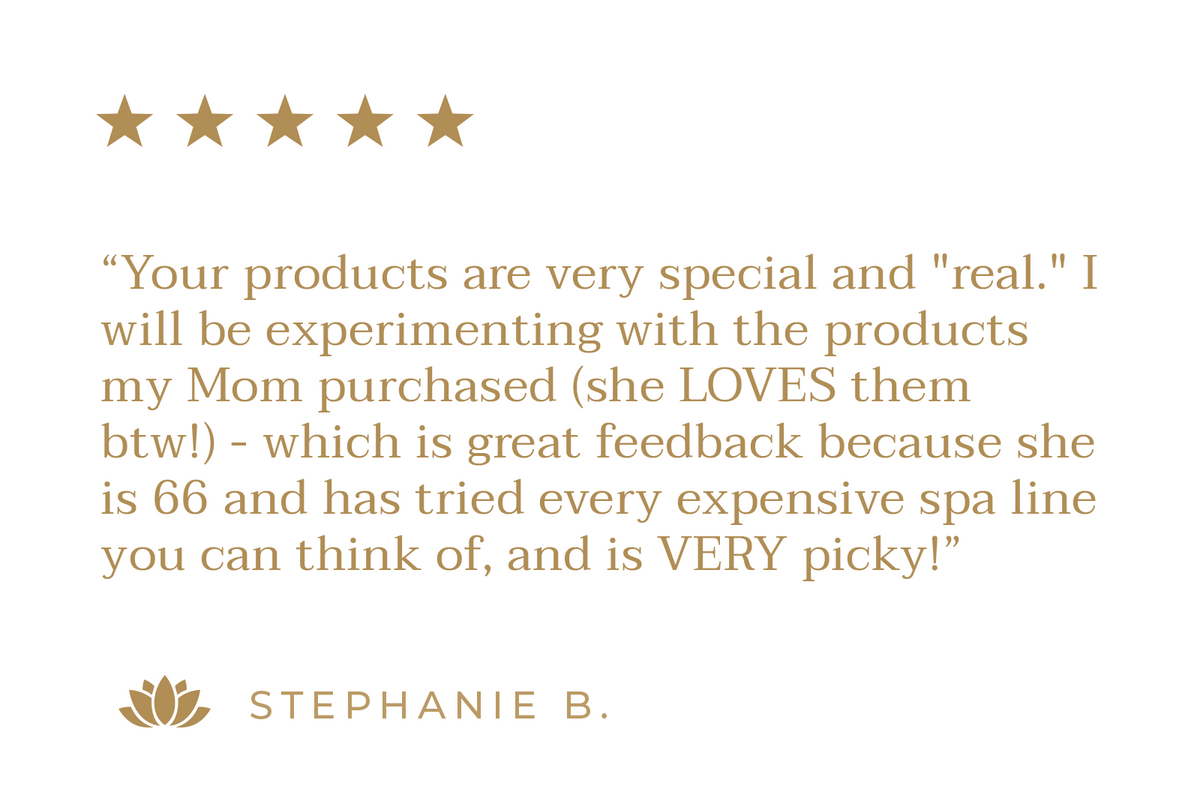 Customer review with five gold stars praising Elaa skincare products