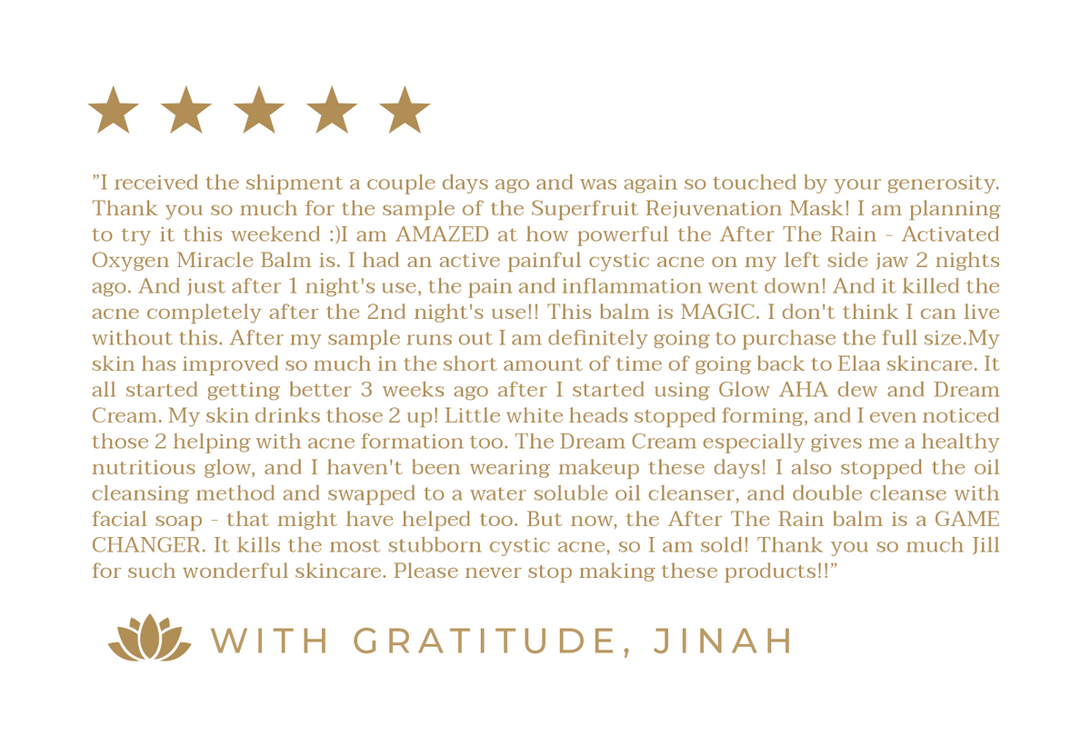 Customer testimonial expressing satisfaction with Elaa products including After the Rain