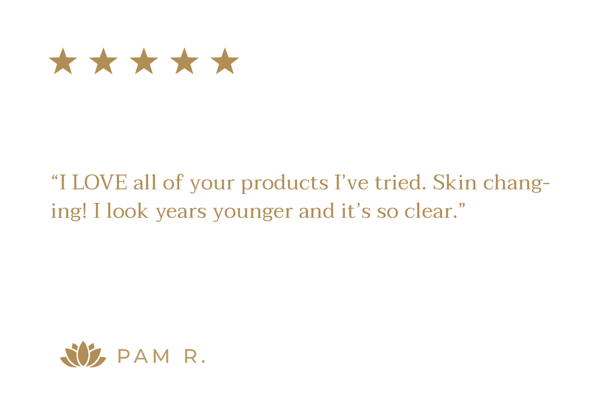 Customer review with five gold stars praising Elaa skincare products