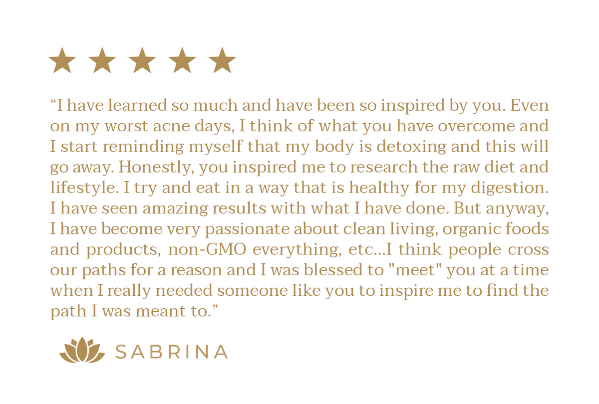 Customer testimonial from Sabrina about health, fitness, and organic living