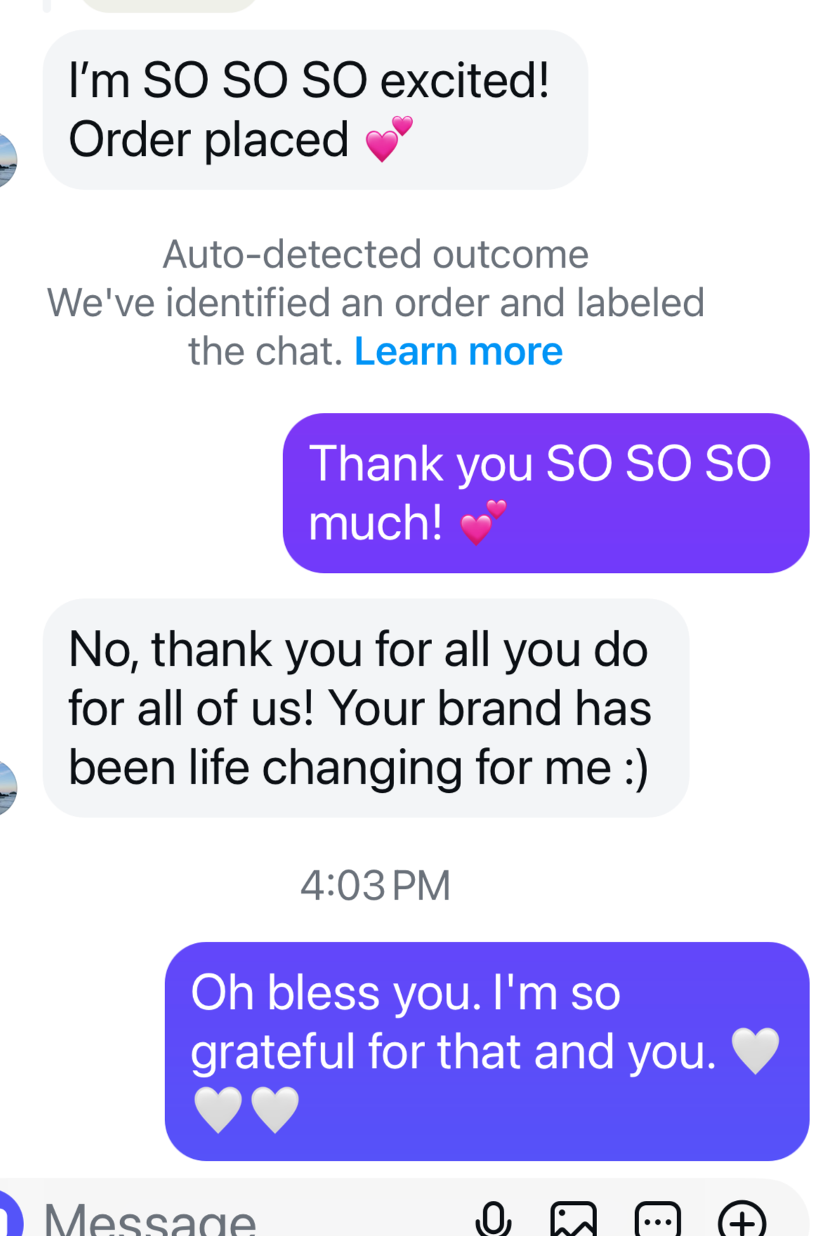 Text message conversation expressing excitement and gratitude about an order