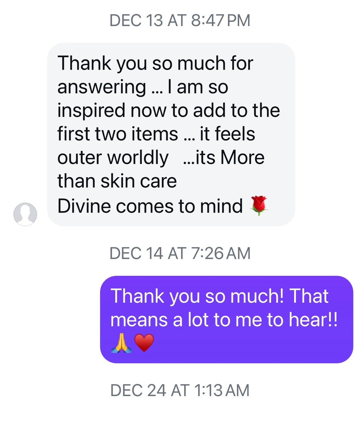 A screenshot of a thank you text message exchange