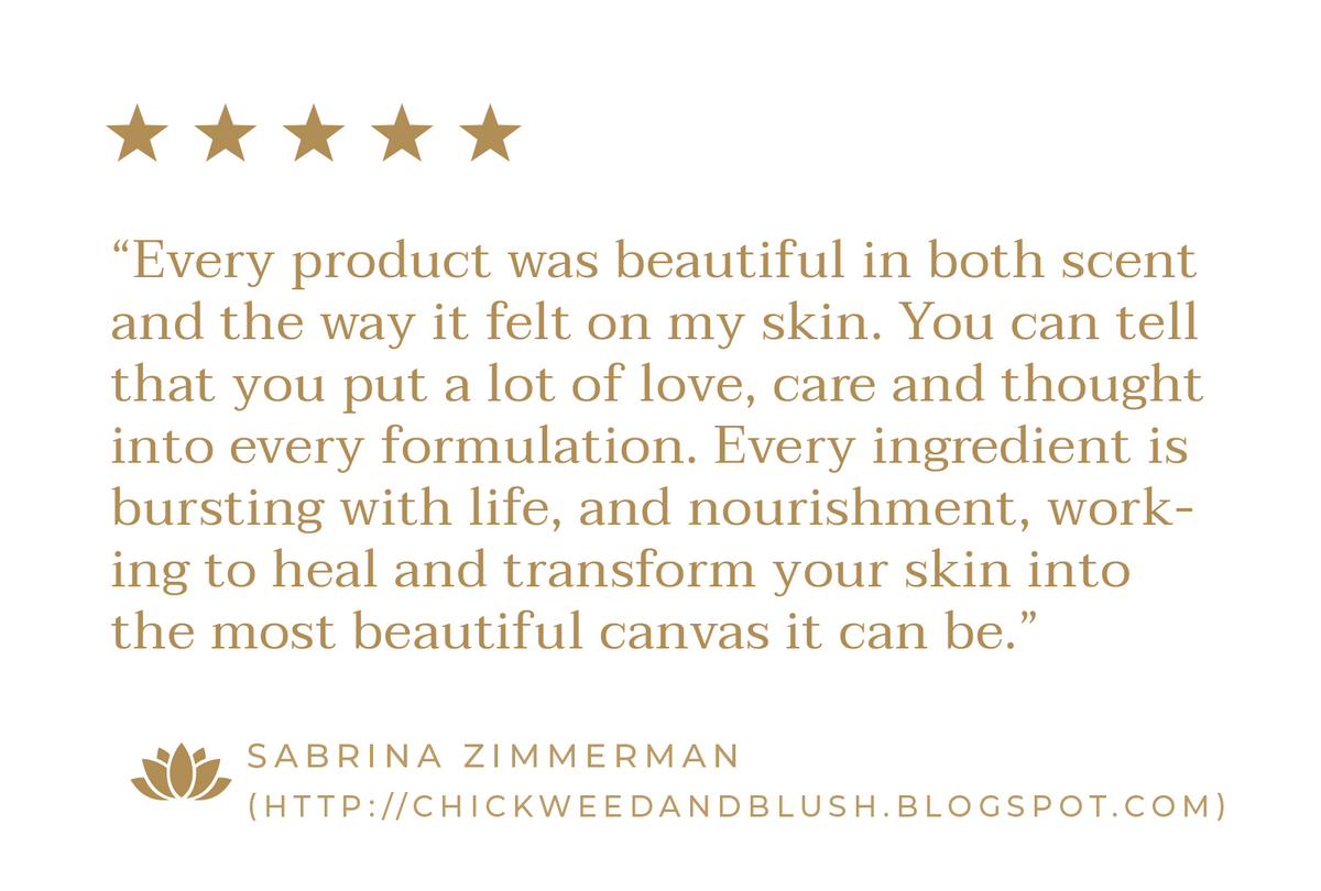 Customer review with five gold stars praising a product's scent and texture