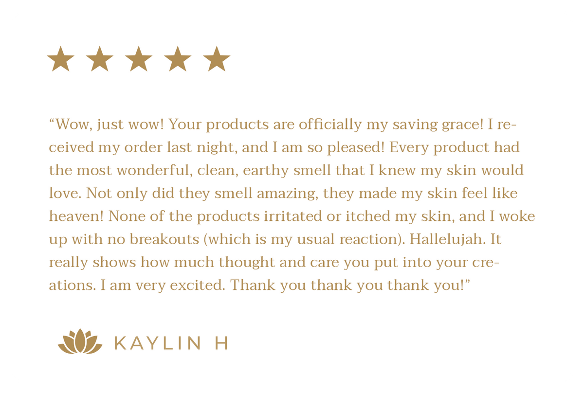 Customer review with five gold stars praising Elaa skincare products