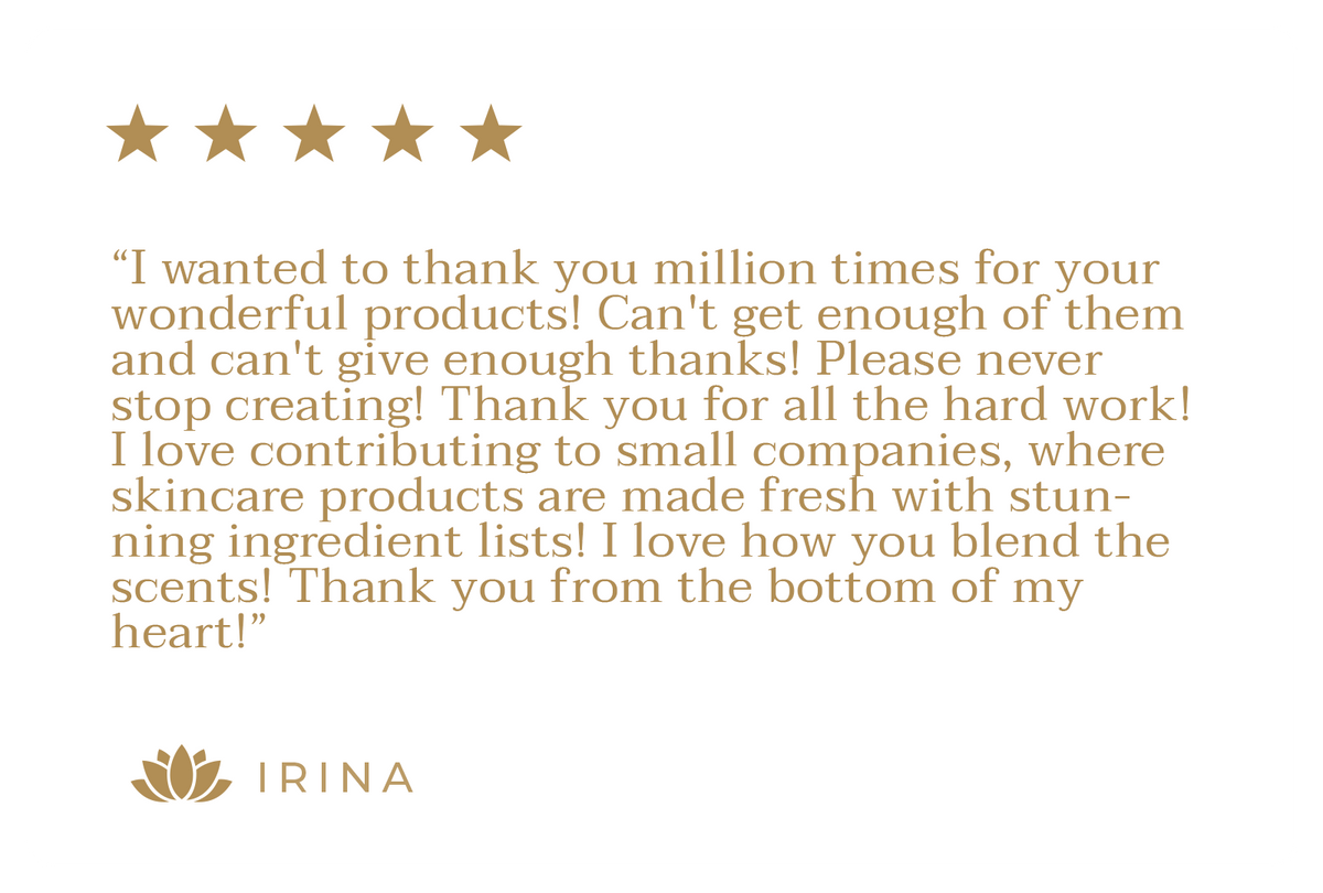 Customer testimonial with five gold stars from Irina