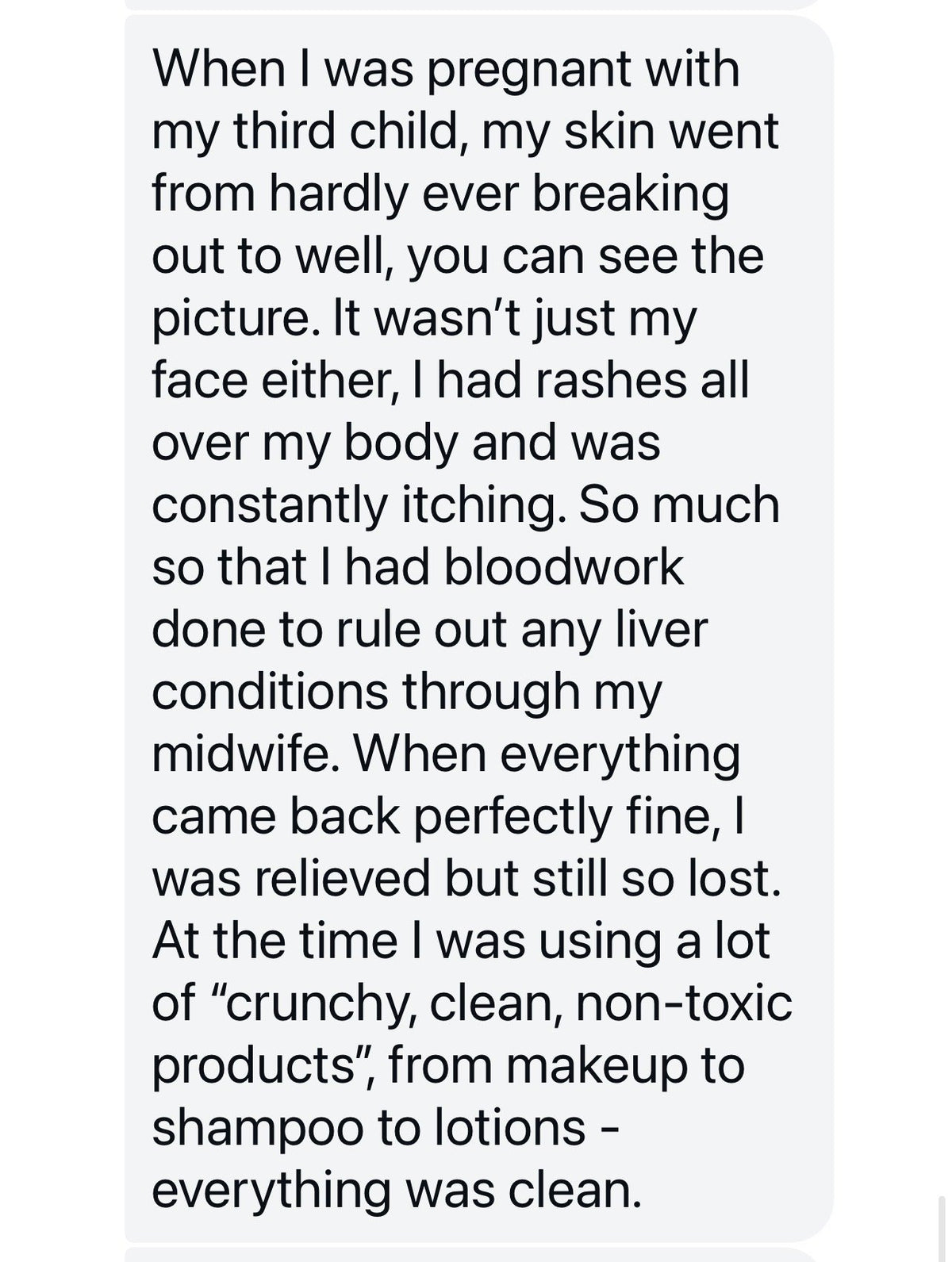 A screenshot of a text recounting personal experience with skin allergies and bloodwork after pregnancy
