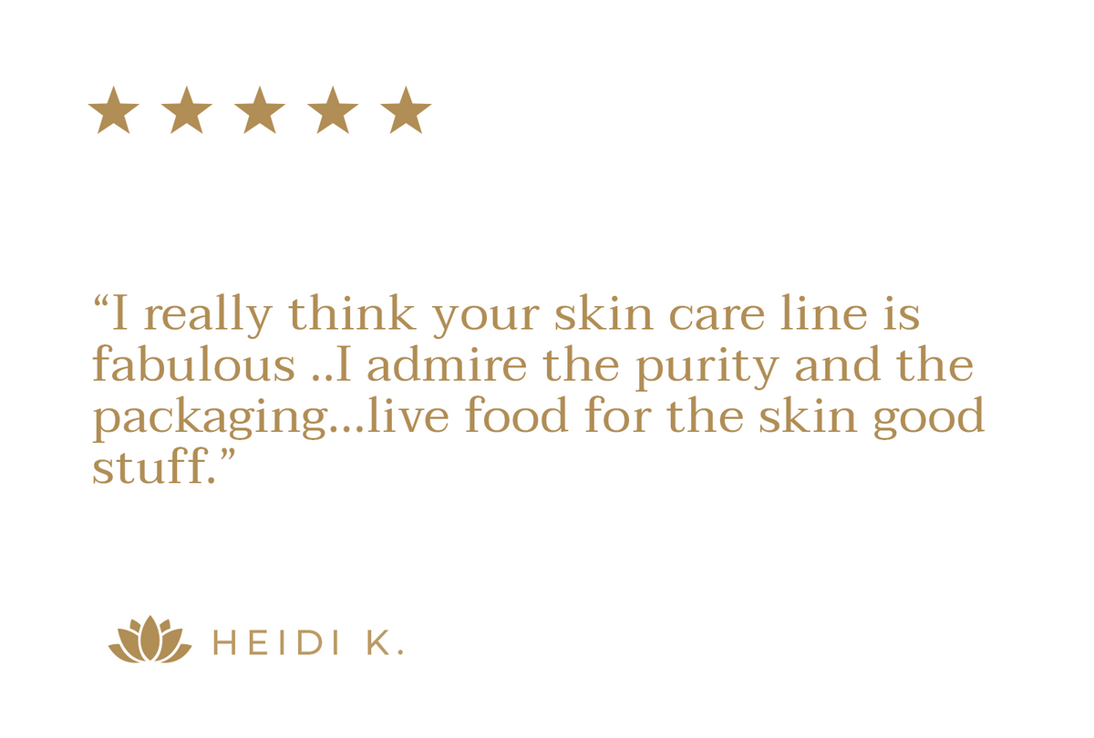 Customer review with five gold stars from Heidi K. praising the skincare line
