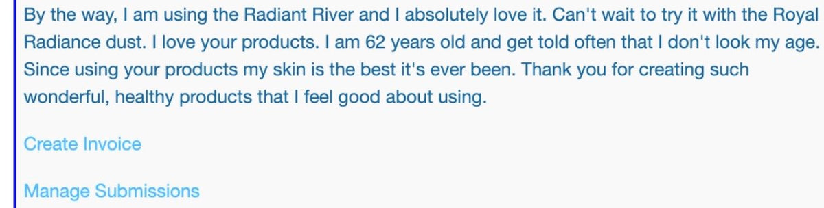 A testimonial expressing satisfaction with a skincare product called Radiant River