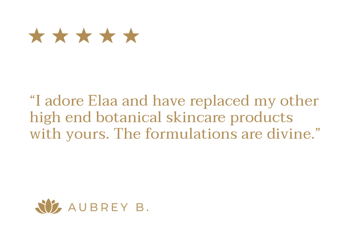 Customer review with five gold stars praising Elaa skincare products