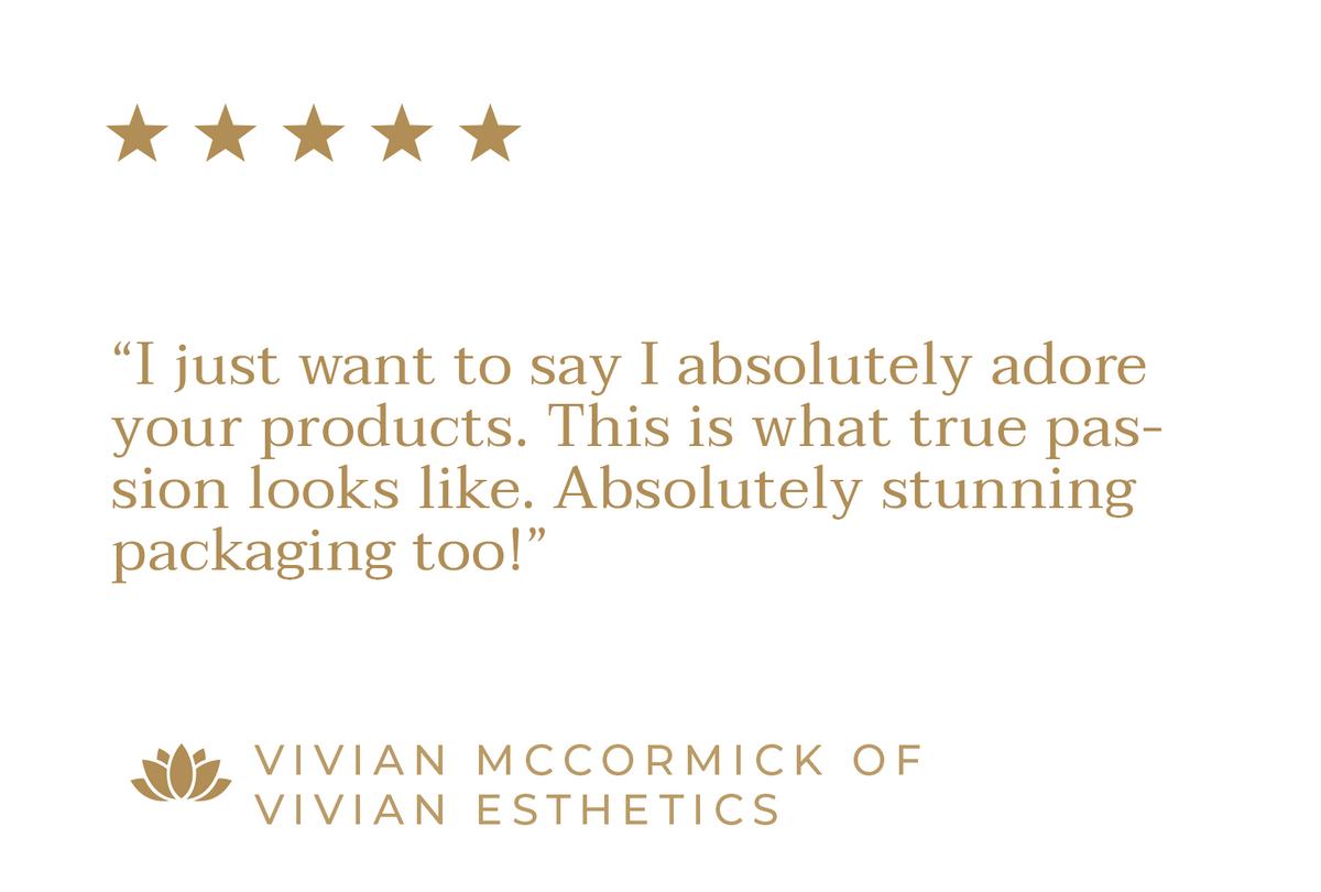 Customer review with five gold stars reading 'I absolutely adore your products'