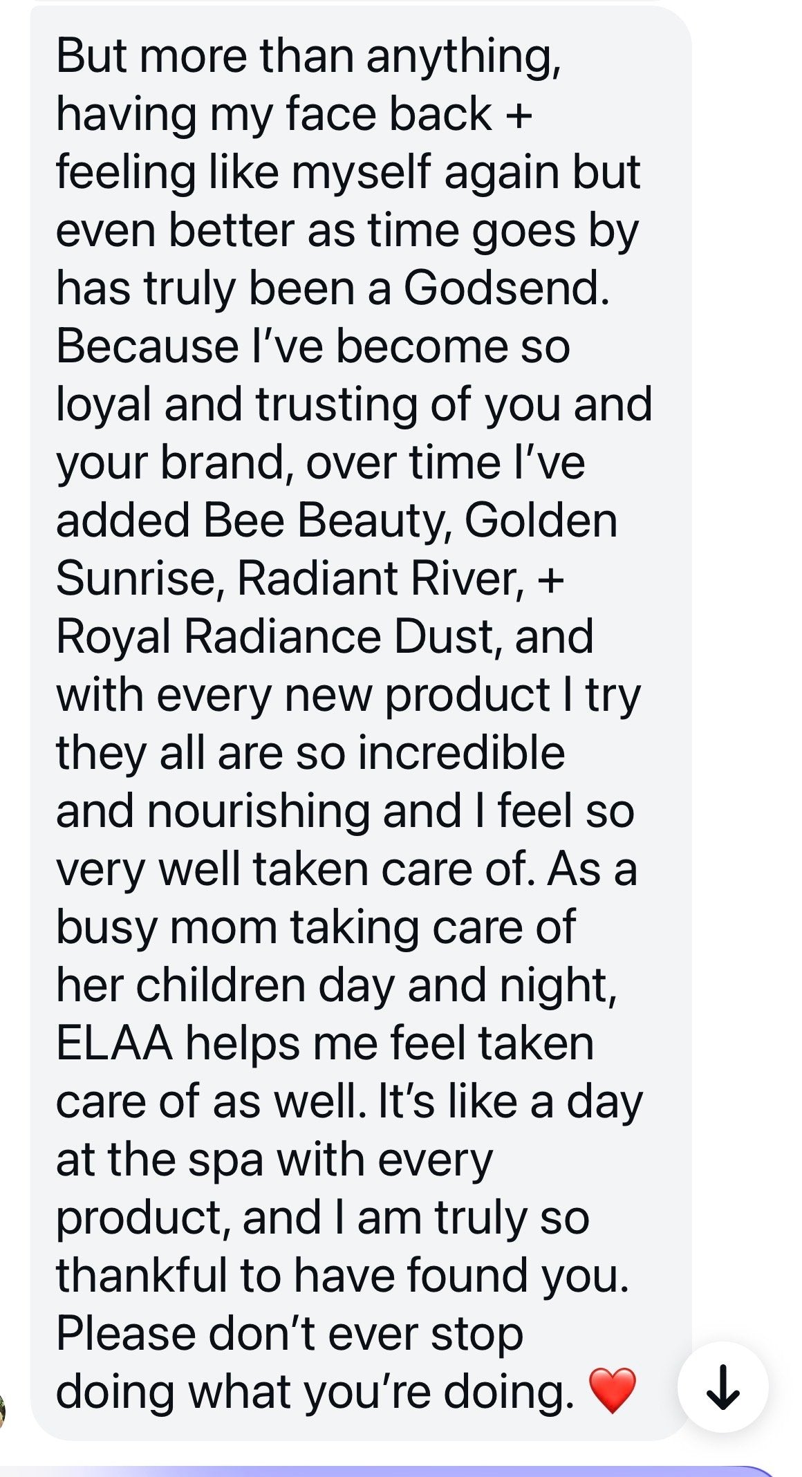 A screenshot of a text message expressing gratitude about Elaa skincare products