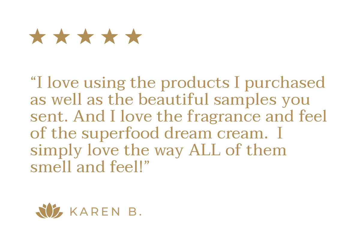 Customer review with five gold stars and a lotus flower logo